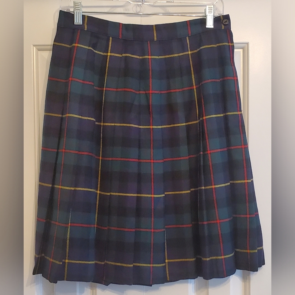 Vintage Preston & York Blue Green Hunting Tartan Wool Plaid Pleated A Line Skirt